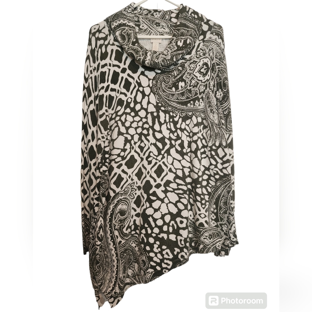 Chico's Paisley Gray  White Cowl Neck Knit Sweater Asymmetrical hemline SZ Large